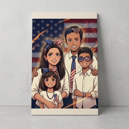 Anime-style family portrait canvas with four people and an American flag background