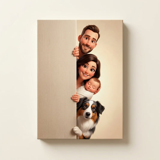 Two adults, a baby, and a dog peeking from behind a panel on canvas