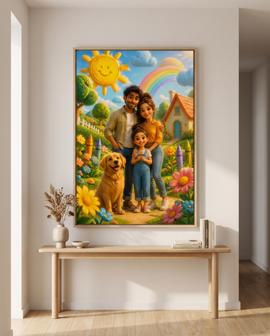 The Little World They Drew personalized canvas in a bright hallway