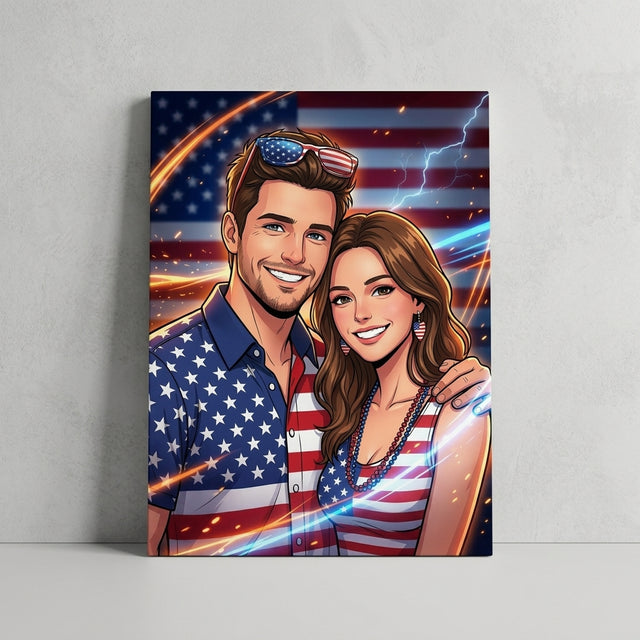 Custom USA Flag Anime Couple Canvas From Your Photo