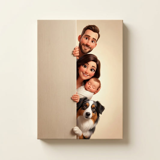 Two adults, a baby, and a dog peeking from behind a panel on canvas