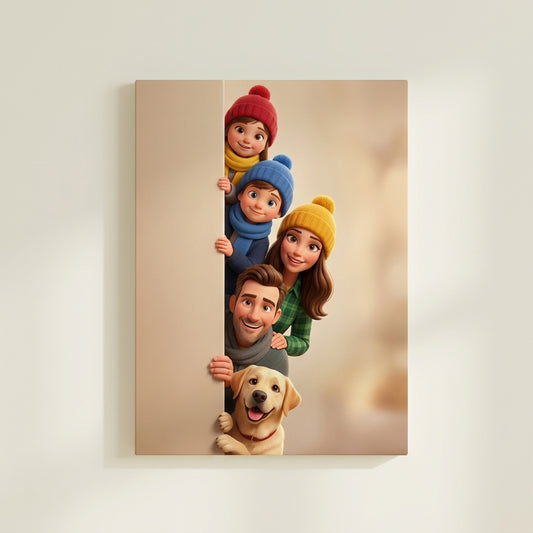 Peeking family portrait canvas mockup on a wall