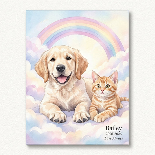 Rainbow pet memorial canvas with a dog and cat illustration