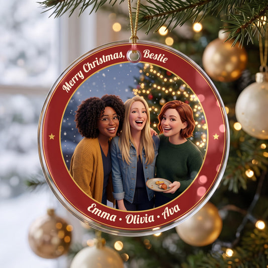 Merry Christmas, Bestie photo ornament with three friends in a red name ring, hanging from a gold cord on a Christmas tree