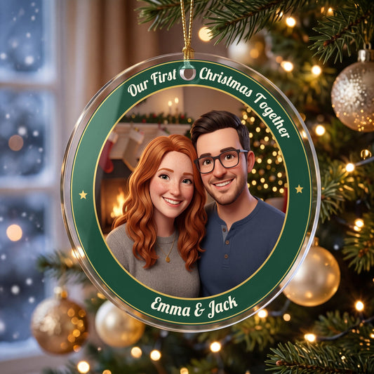 Our First Christmas Together couple photo ornament in an evergreen name ring, hanging from a gold cord on a Christmas tree