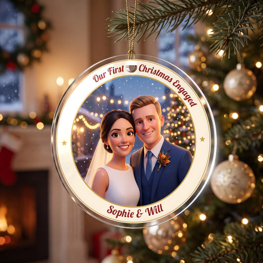 Engaged or newlywed first Christmas couple photo ornament in an ivory name ring, hanging from a gold cord on a Christmas tree