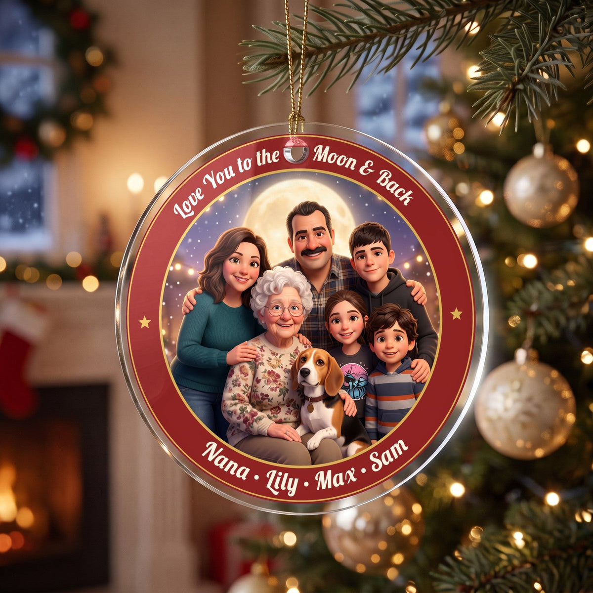 Grandma & Grandkids photo ornament in a red name ring, hanging from a gold cord on a Christmas tree