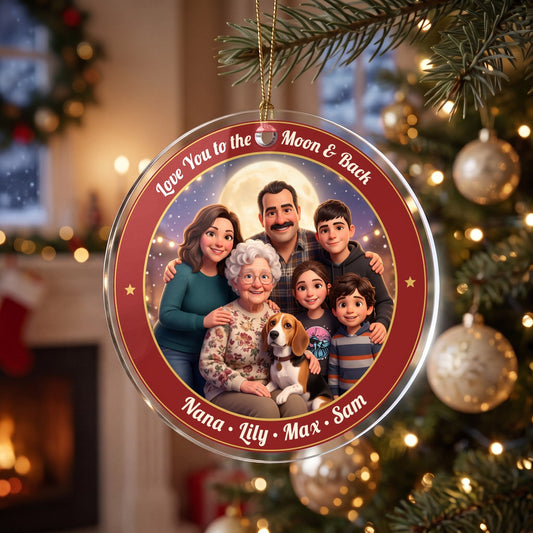 Grandma & Grandkids photo ornament in a red name ring, hanging from a gold cord on a Christmas tree
