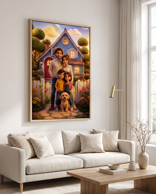 Our Home Drawn by You personalized canvas in an airy living room
