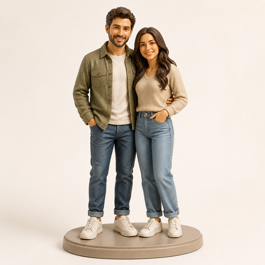 Personalized 3D figurine of two people on an oval base, made from a customer photo