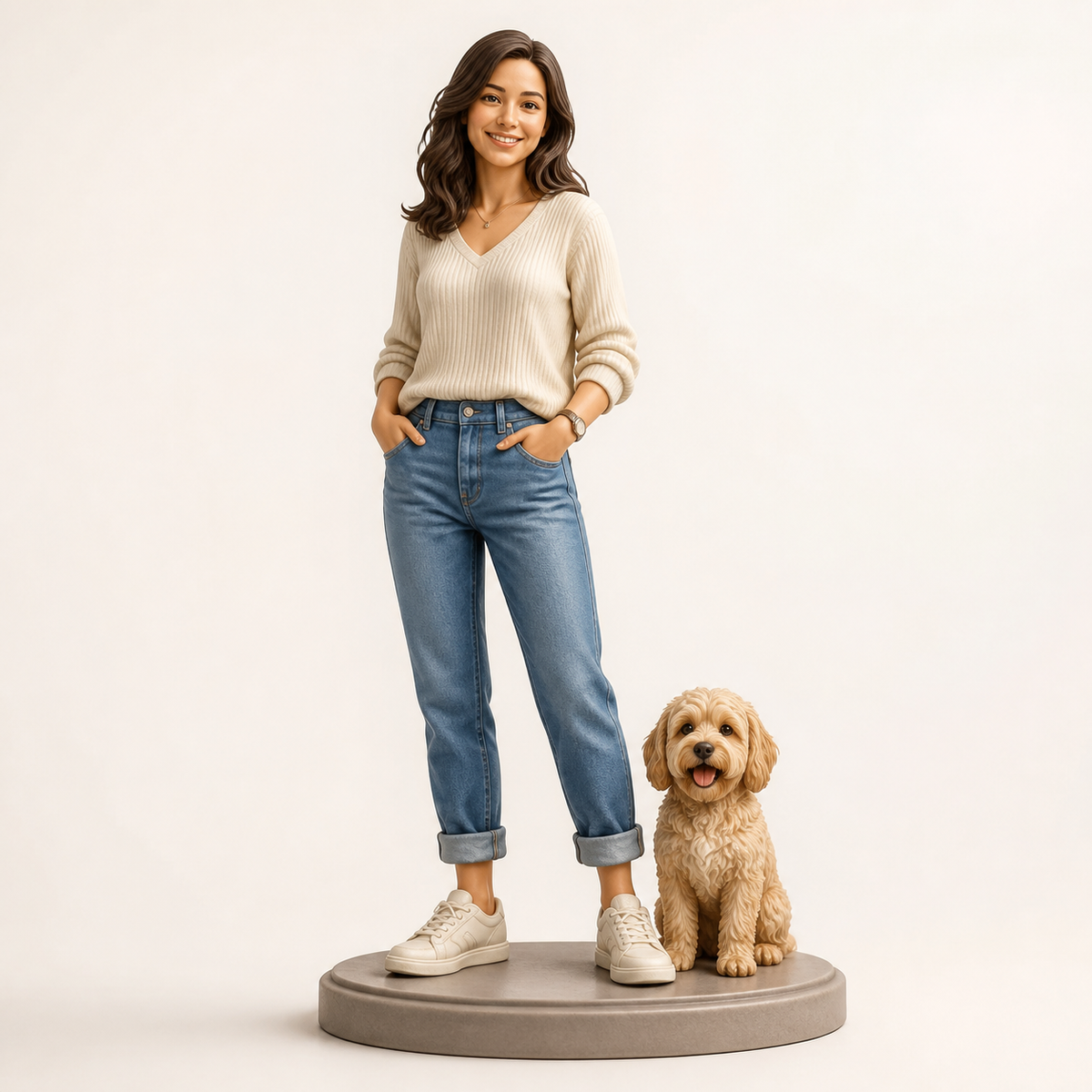 Personalized 3D figurine of one person with a dog on an oval base, made from a customer photo